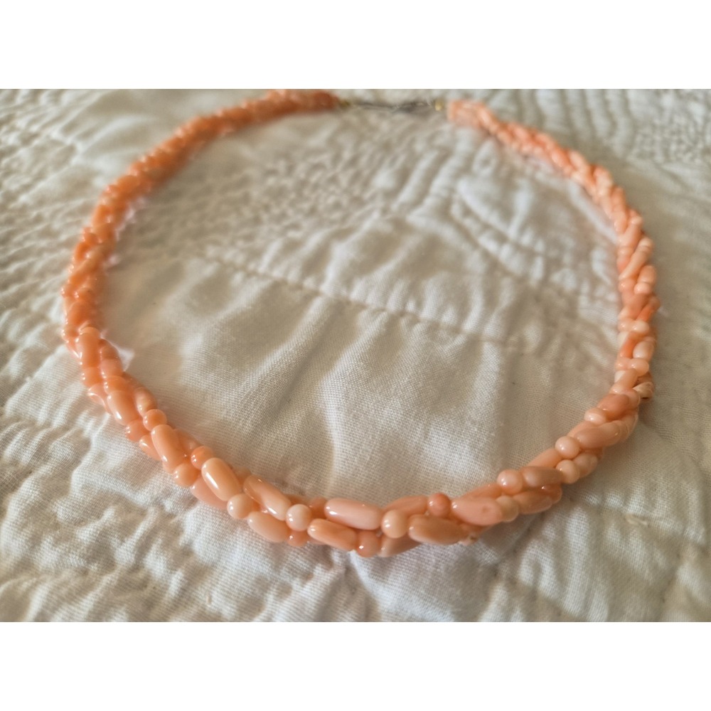 Vintage Angel Skin Coral Beaded 3-Strand Necklace Twisted Pink Orange 18"